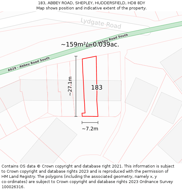 183, ABBEY ROAD, SHEPLEY, HUDDERSFIELD, HD8 8DY: Plot and title map
