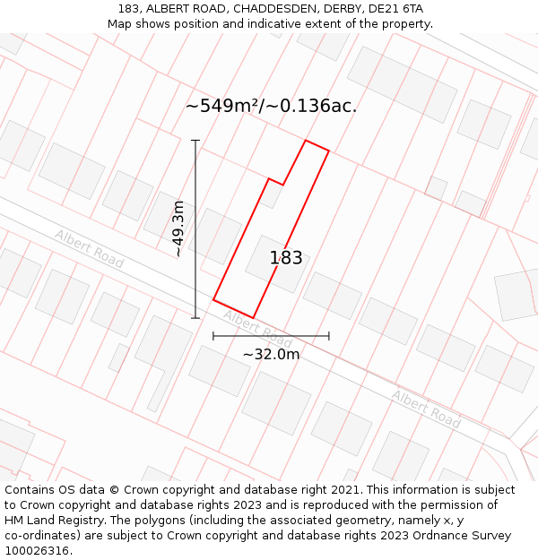 183, ALBERT ROAD, CHADDESDEN, DERBY, DE21 6TA: Plot and title map