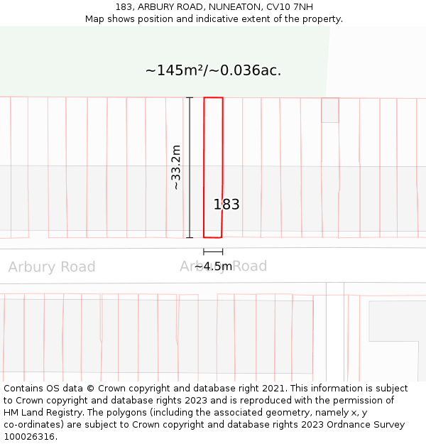 183, ARBURY ROAD, NUNEATON, CV10 7NH: Plot and title map