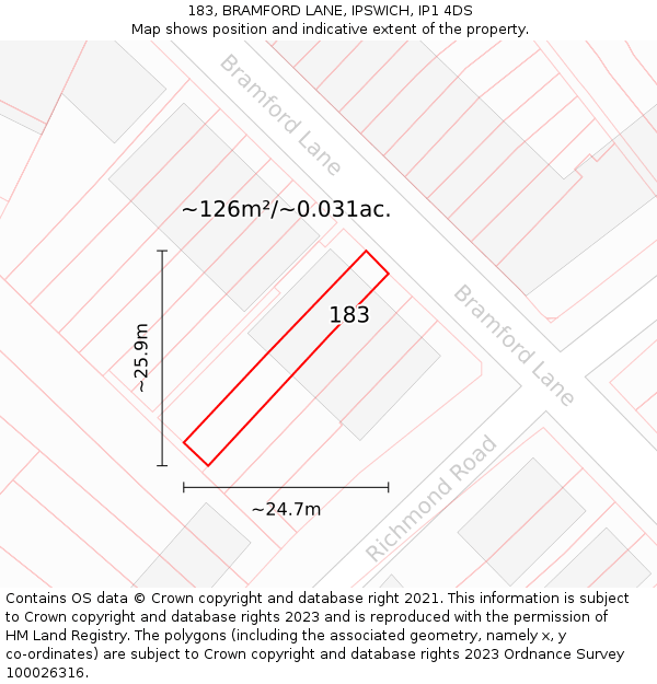 183, BRAMFORD LANE, IPSWICH, IP1 4DS: Plot and title map