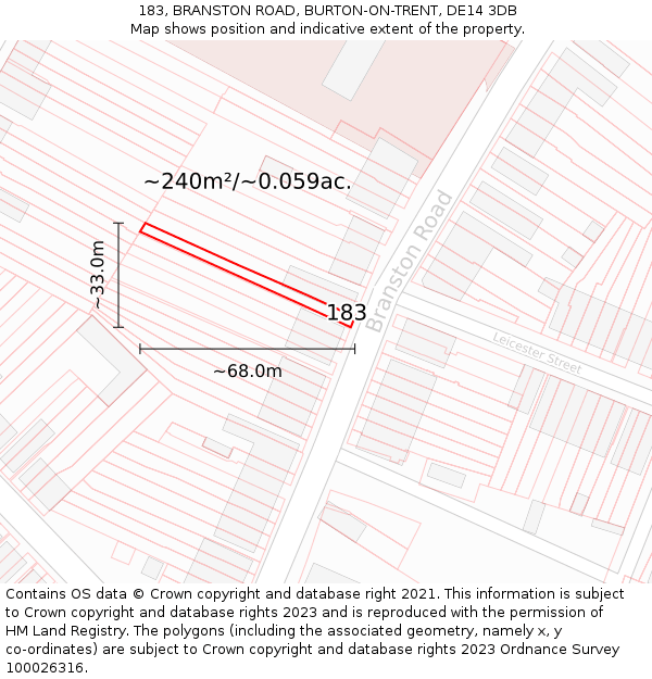 183, BRANSTON ROAD, BURTON-ON-TRENT, DE14 3DB: Plot and title map
