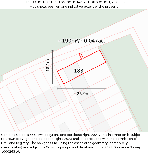183, BRINGHURST, ORTON GOLDHAY, PETERBOROUGH, PE2 5RU: Plot and title map