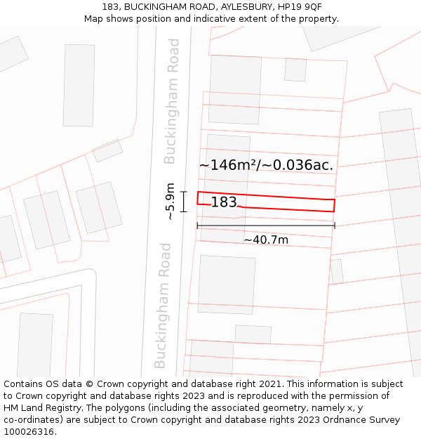 183, BUCKINGHAM ROAD, AYLESBURY, HP19 9QF: Plot and title map