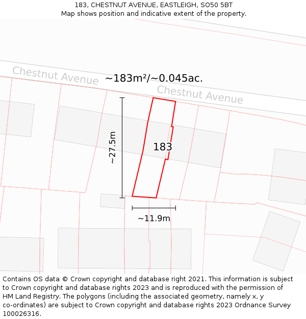 183, CHESTNUT AVENUE, EASTLEIGH, SO50 5BT: Plot and title map