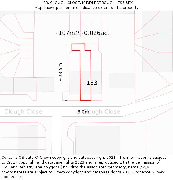 183, CLOUGH CLOSE, MIDDLESBROUGH, TS5 5EX: Plot and title map