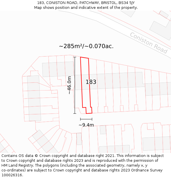 183, CONISTON ROAD, PATCHWAY, BRISTOL, BS34 5JY: Plot and title map