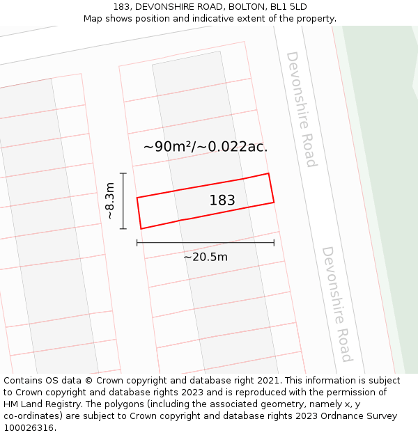 183, DEVONSHIRE ROAD, BOLTON, BL1 5LD: Plot and title map