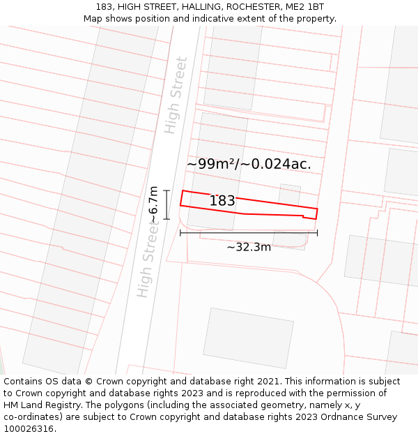 183, HIGH STREET, HALLING, ROCHESTER, ME2 1BT: Plot and title map