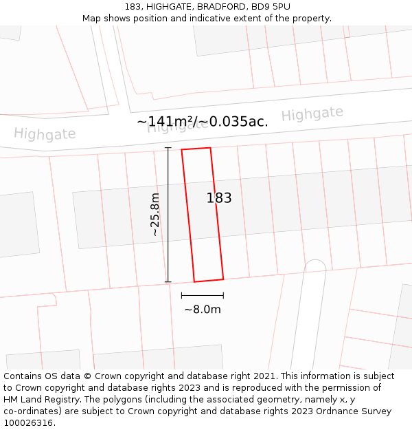 183, HIGHGATE, BRADFORD, BD9 5PU: Plot and title map