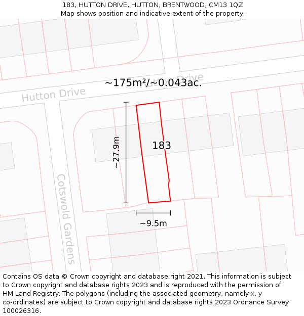 183, HUTTON DRIVE, HUTTON, BRENTWOOD, CM13 1QZ: Plot and title map