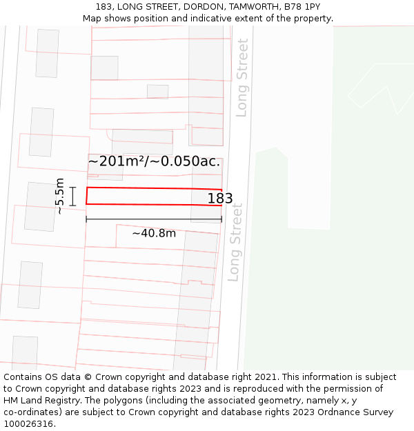 183, LONG STREET, DORDON, TAMWORTH, B78 1PY: Plot and title map