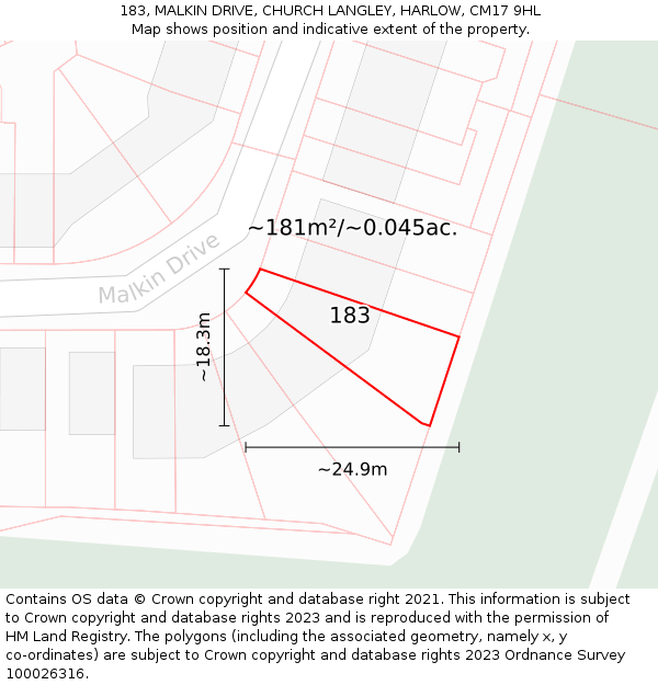 183, MALKIN DRIVE, CHURCH LANGLEY, HARLOW, CM17 9HL: Plot and title map