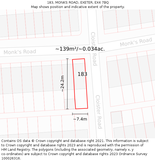 183, MONKS ROAD, EXETER, EX4 7BQ: Plot and title map