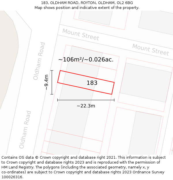 183, OLDHAM ROAD, ROYTON, OLDHAM, OL2 6BG: Plot and title map
