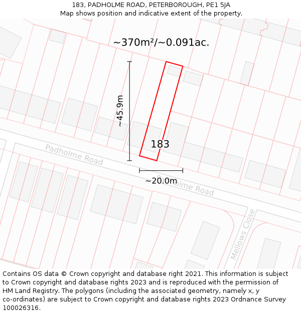183, PADHOLME ROAD, PETERBOROUGH, PE1 5JA: Plot and title map