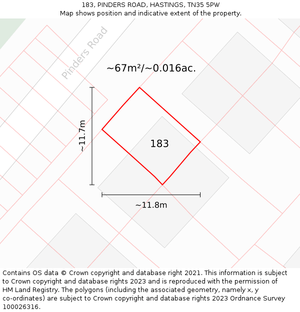 183, PINDERS ROAD, HASTINGS, TN35 5PW: Plot and title map