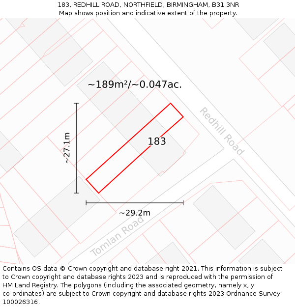 183, REDHILL ROAD, NORTHFIELD, BIRMINGHAM, B31 3NR: Plot and title map
