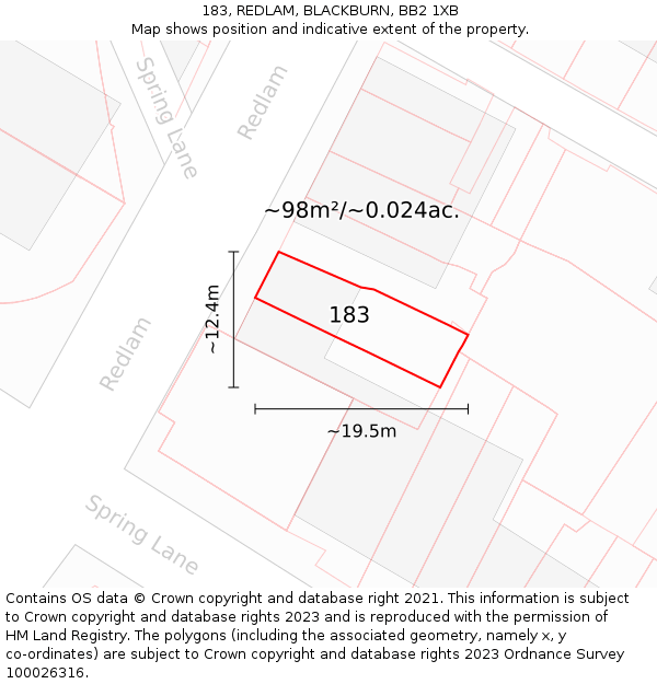 183, REDLAM, BLACKBURN, BB2 1XB: Plot and title map