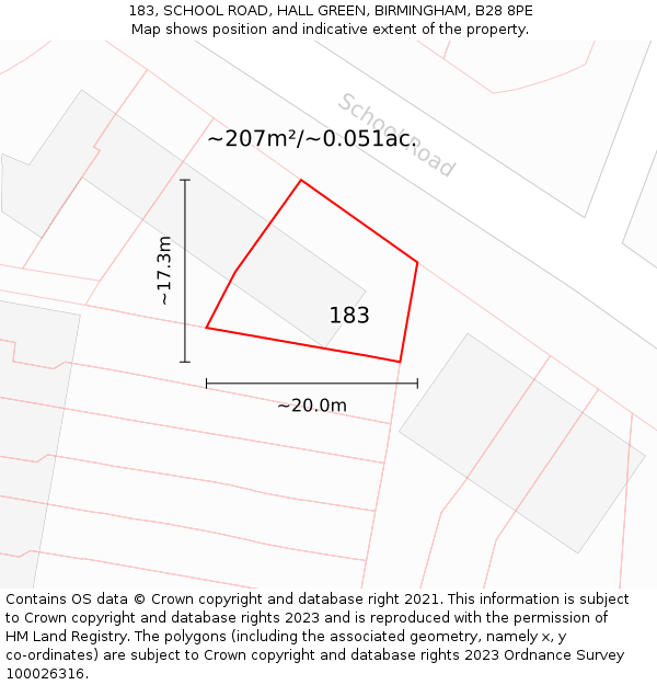 183, SCHOOL ROAD, HALL GREEN, BIRMINGHAM, B28 8PE: Plot and title map