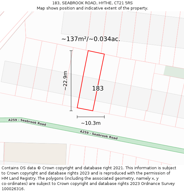 183, SEABROOK ROAD, HYTHE, CT21 5RS: Plot and title map