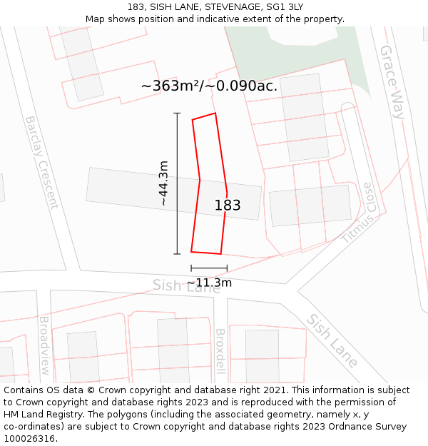 183, SISH LANE, STEVENAGE, SG1 3LY: Plot and title map