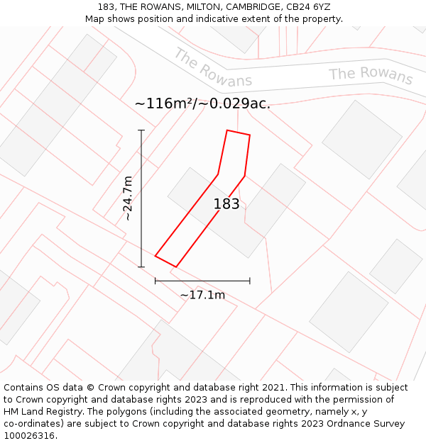 183, THE ROWANS, MILTON, CAMBRIDGE, CB24 6YZ: Plot and title map
