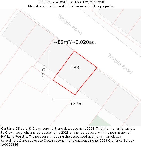 183, TYNTYLA ROAD, TONYPANDY, CF40 2SP: Plot and title map