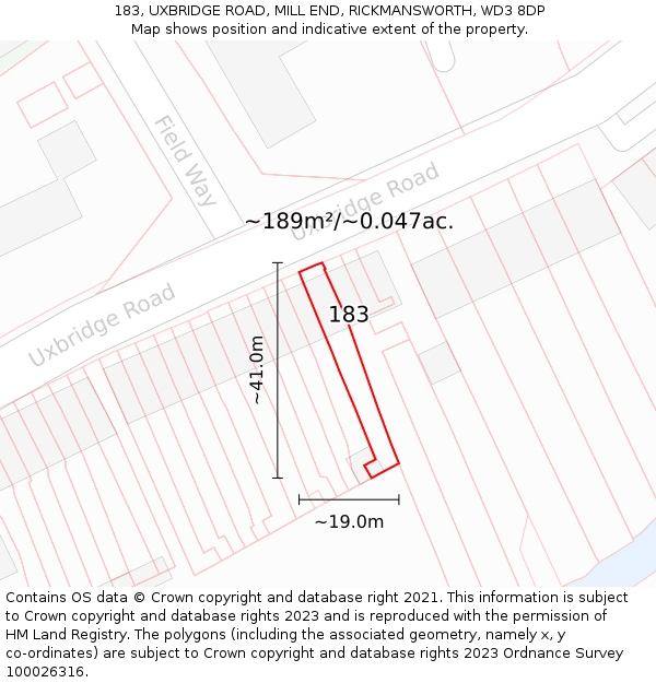 183, UXBRIDGE ROAD, MILL END, RICKMANSWORTH, WD3 8DP: Plot and title map