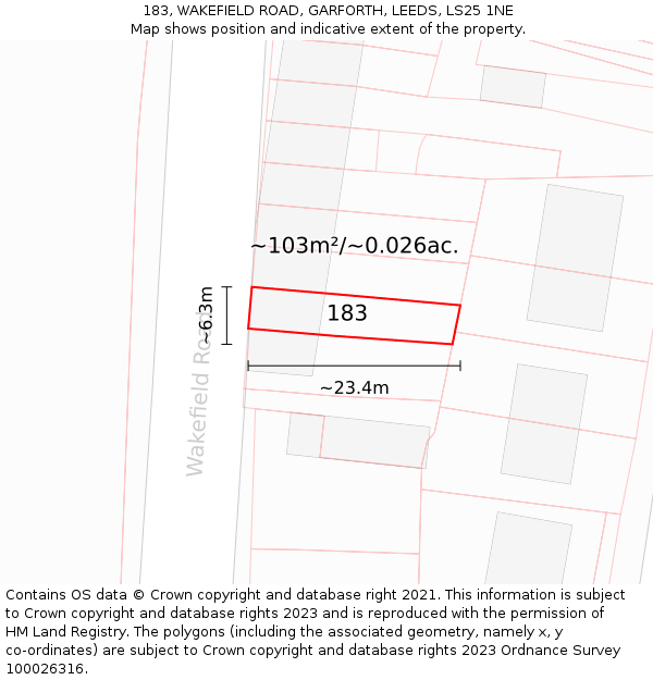 183, WAKEFIELD ROAD, GARFORTH, LEEDS, LS25 1NE: Plot and title map