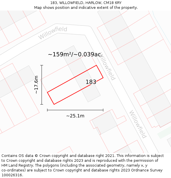 183, WILLOWFIELD, HARLOW, CM18 6RY: Plot and title map