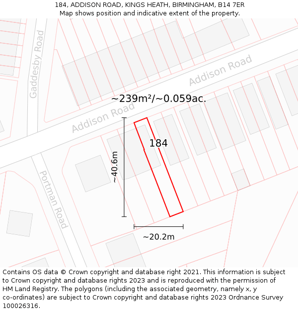 184, ADDISON ROAD, KINGS HEATH, BIRMINGHAM, B14 7ER: Plot and title map