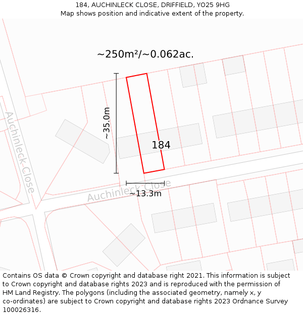 184, AUCHINLECK CLOSE, DRIFFIELD, YO25 9HG: Plot and title map