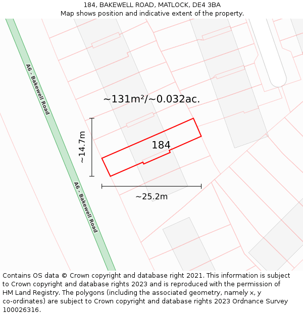 184, BAKEWELL ROAD, MATLOCK, DE4 3BA: Plot and title map