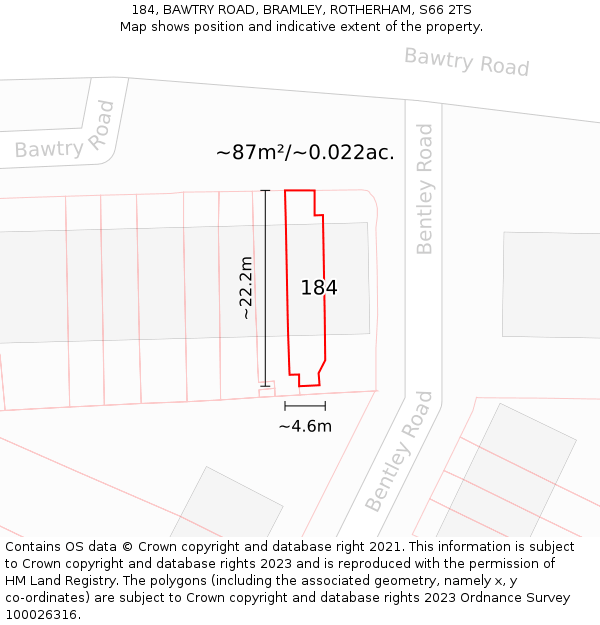 184, BAWTRY ROAD, BRAMLEY, ROTHERHAM, S66 2TS: Plot and title map