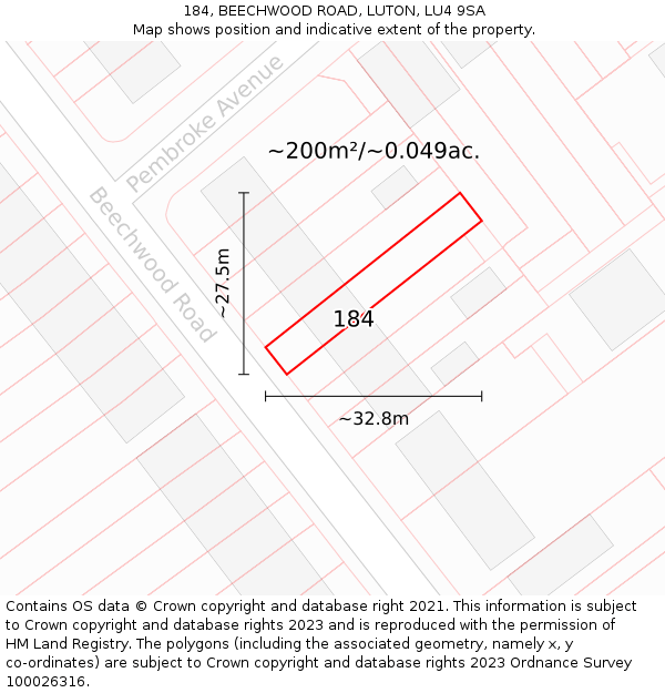 184, BEECHWOOD ROAD, LUTON, LU4 9SA: Plot and title map