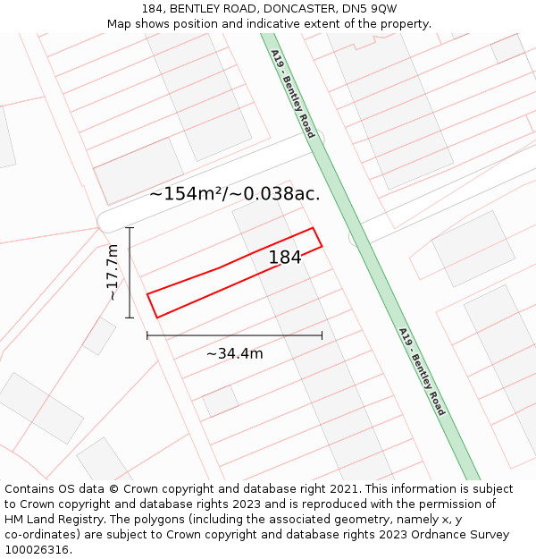 184, BENTLEY ROAD, DONCASTER, DN5 9QW: Plot and title map