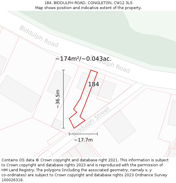 184, BIDDULPH ROAD, CONGLETON, CW12 3LS: Plot and title map