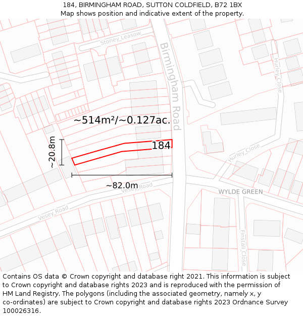 184, BIRMINGHAM ROAD, SUTTON COLDFIELD, B72 1BX: Plot and title map