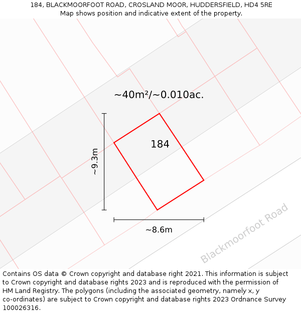 184, BLACKMOORFOOT ROAD, CROSLAND MOOR, HUDDERSFIELD, HD4 5RE: Plot and title map