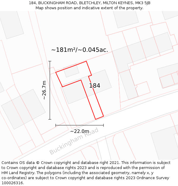 184, BUCKINGHAM ROAD, BLETCHLEY, MILTON KEYNES, MK3 5JB: Plot and title map
