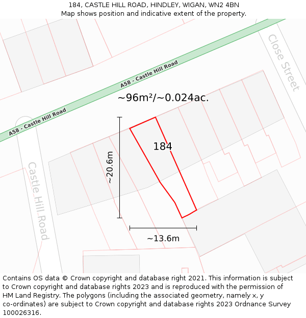 184, CASTLE HILL ROAD, HINDLEY, WIGAN, WN2 4BN: Plot and title map