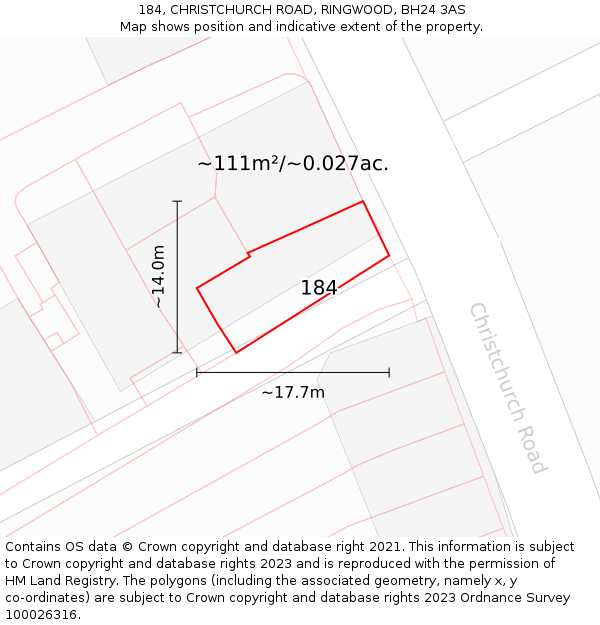 184, CHRISTCHURCH ROAD, RINGWOOD, BH24 3AS: Plot and title map