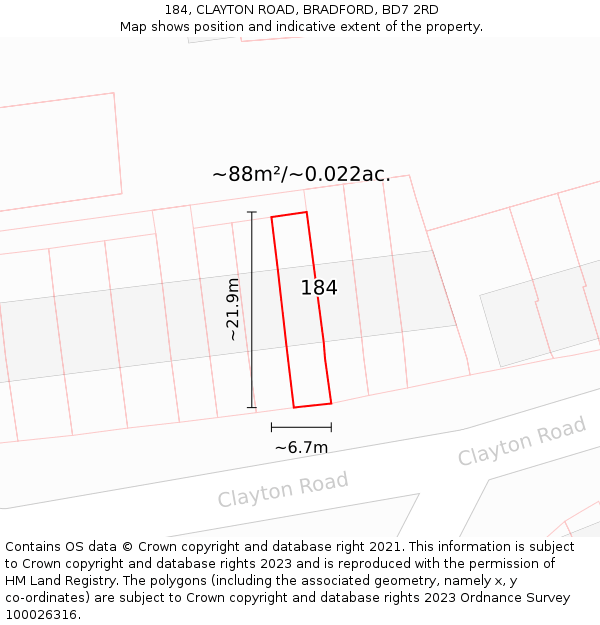 184, CLAYTON ROAD, BRADFORD, BD7 2RD: Plot and title map