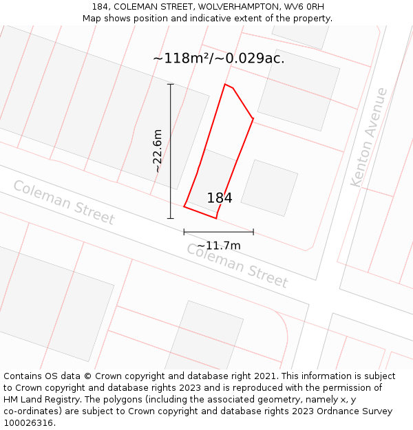 184, COLEMAN STREET, WOLVERHAMPTON, WV6 0RH: Plot and title map