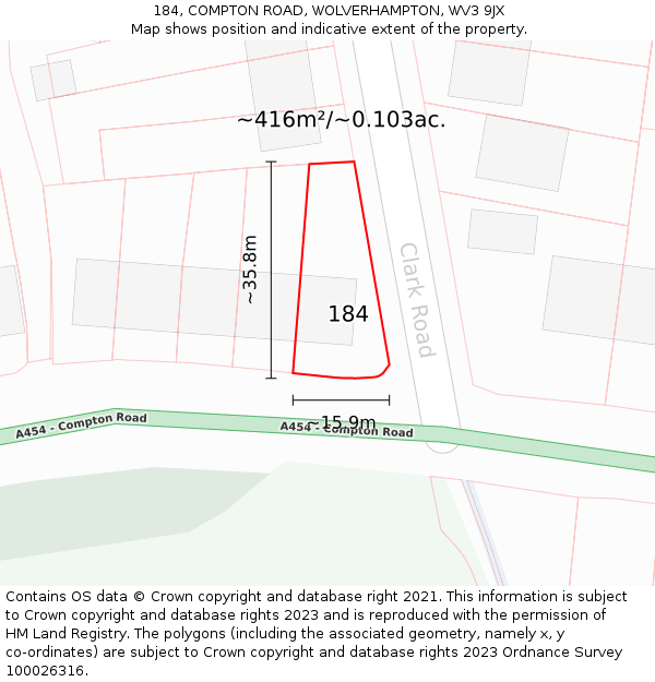 184, COMPTON ROAD, WOLVERHAMPTON, WV3 9JX: Plot and title map