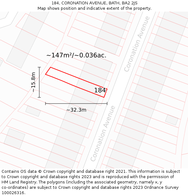 184, CORONATION AVENUE, BATH, BA2 2JS: Plot and title map