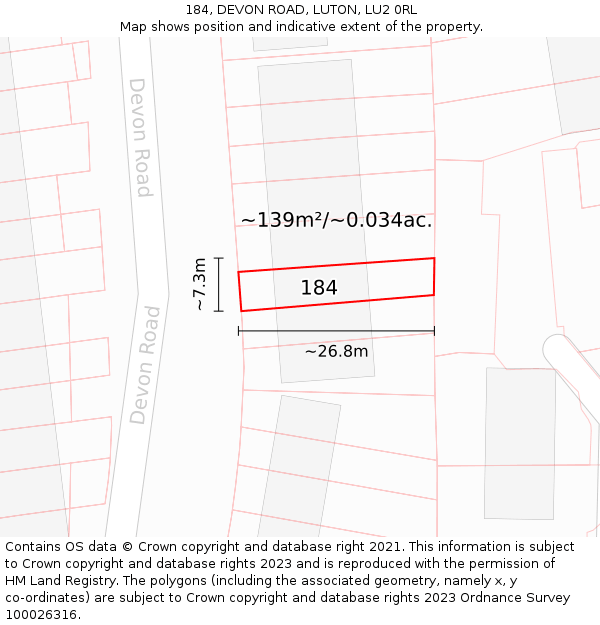 184, DEVON ROAD, LUTON, LU2 0RL: Plot and title map