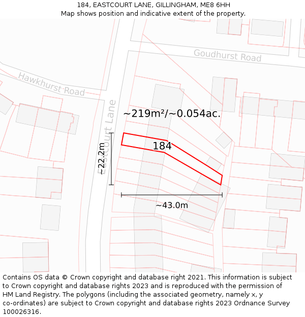 184, EASTCOURT LANE, GILLINGHAM, ME8 6HH: Plot and title map