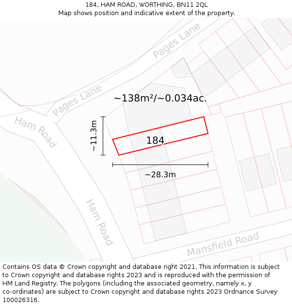 184, HAM ROAD, WORTHING, BN11 2QL: Plot and title map