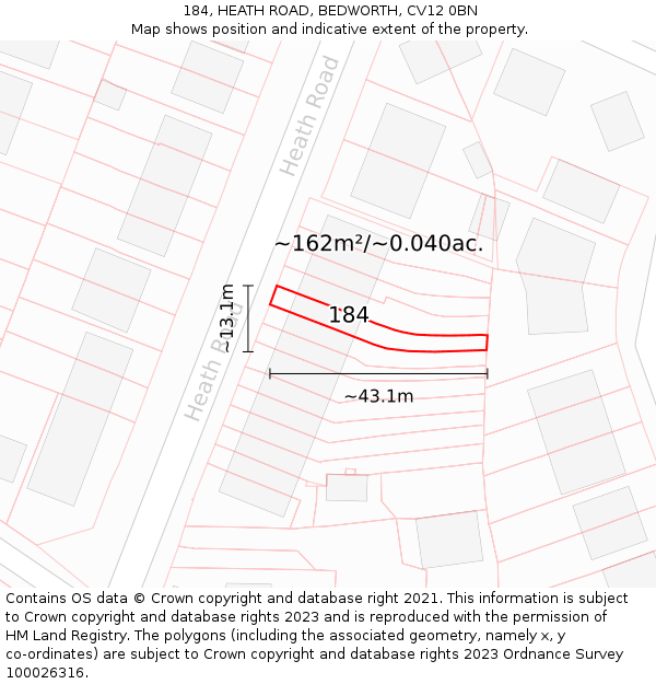 184, HEATH ROAD, BEDWORTH, CV12 0BN: Plot and title map